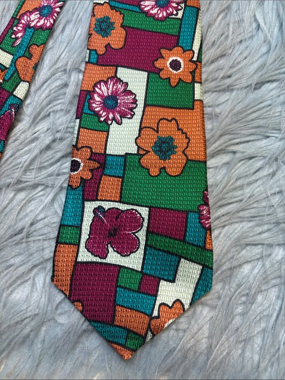 Franco Fossi Colorful Geometric Floral Silk Tie - Teal, Orange & Purple